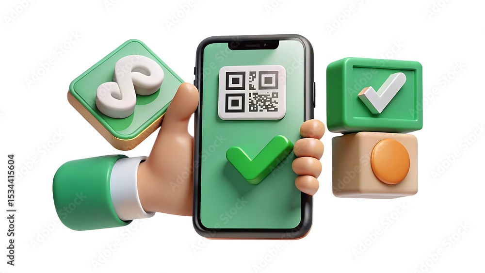 Poster 3d illustration of hand holding smartphone with qr code and checkmark elements representing verifica