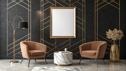 Elegant Armchairs and Chic Decor Transform a Stylish Modern Living Room with a Blank Poster Frame for Personal Touch