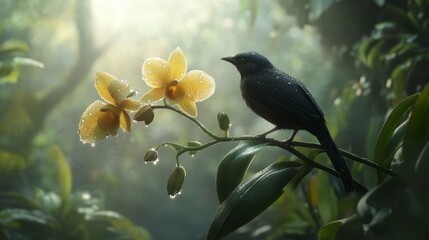 A dark-colored bird perched on a branch with yellow orchids, sunlight streaming through the lush green foliage.