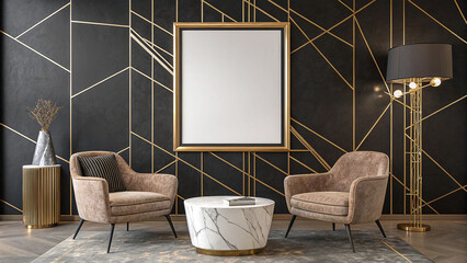 Chic Modern Living Room with Sleek Furniture and Stylish Geometric Backdrop Featuring a Blank Poster Frame for Endless Creative Possibilities