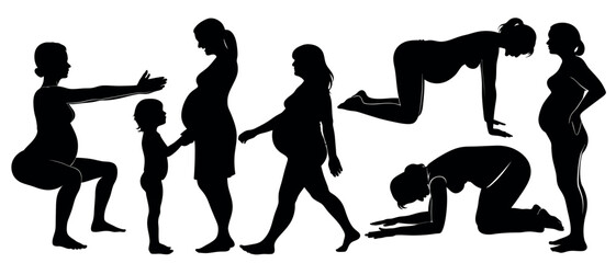 Vector art of silhouettes of pregnant women in various yoga poses, isolated on white background, one woman with a child