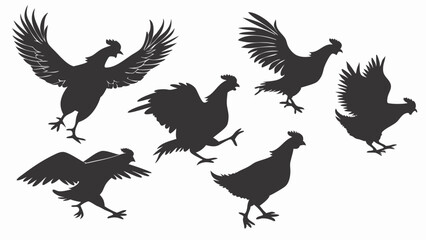 Obraz premium Group of Chicken Silhouettes in Various Poses Flying Running and Standing Farm Poultry Birds