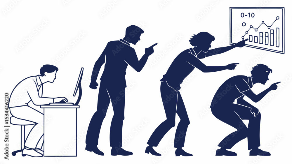Poster business evolution concept illustration showing team pointing at data graph for analysis and progres