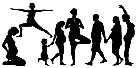Vector art of a series of vector silhouettes depicting pregnant women in various poses, a man and woman walking handinhand, and a toddler, isolated on white background