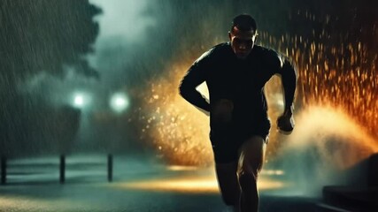 a dramatic moment of a person running through the rain at night