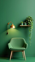A serene green armchair sits beneath a golden wall lamp, casting a soft glow on potted succulents arranged on a wooden shelf against a deep green wall
