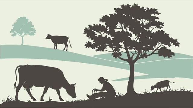 Silhouette of cattle grazing in a peaceful rural landscape with a person sitting under a tree - Powered by Adobe