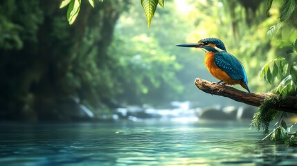 Vibrant kingfisher perched on a branch over a tranquil stream in a lush green forest.