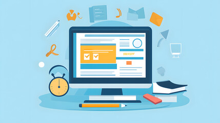 Illustration of a computer screen displaying a webpage with surrounding office items like a clock, books, and paper icons.