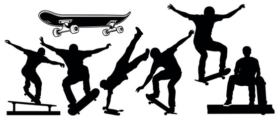Vector art of silhouetted skateboarders in dynamic poses, isolated on white background, showcasing various tricks and styles in a vector illustration