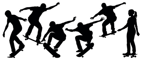 Vector art of dynamic silhouettes of skateboarders in motion, isolated on white background, a vector illustration capturing the energy of extreme sports