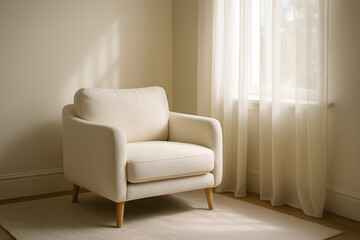 A cozy modern armchair placed in a minimalist living room with natural light coming through sheer curtains.