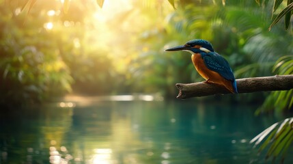 Kingfisher bird perched on branch by tranquil water, sunlit jungle background.