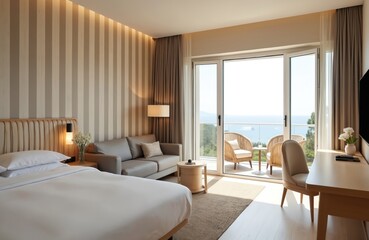 Modern minimalistic hotel room interior design with sea view. Beige striped wall, soft white bedding. French window, open door to terrace with chairs. Furniture, light wood, contemporary style.