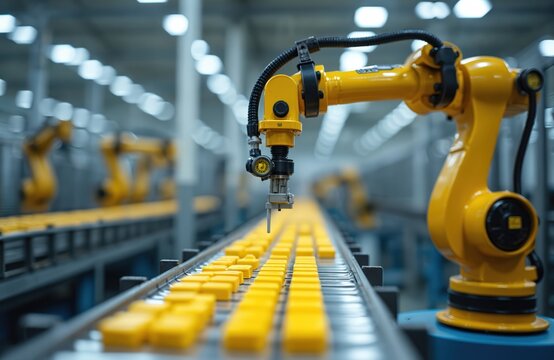 Robotic arm sorts yellow products on conveyor belt in automated production line. Factory assembly line with robot machine. Modern industry, manufacturing tech innovations improve process, efficiency.