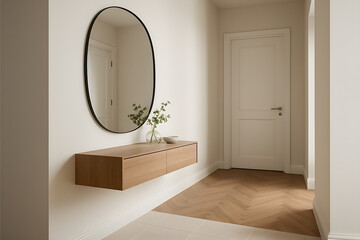 Modern minimalist hallway with a wooden console and an oval mirror on the wall, featuring simple decor and neutral colors.