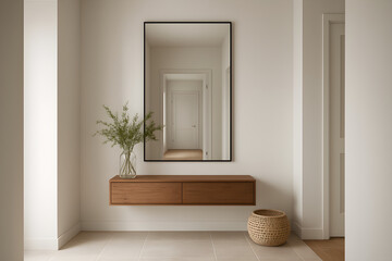 Modern minimalist hallway with a large mirror, wooden furniture, and decor elements.
