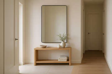 Minimalist hallway interior with a large wall mirror, wooden console table, and decor items.