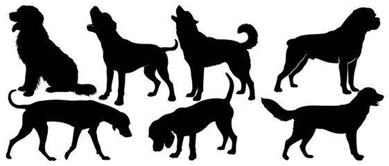 Vector art of a pack of eight canine silhouettes, isolated on white background, showcasing various breeds in a striking monochrome vector illustration