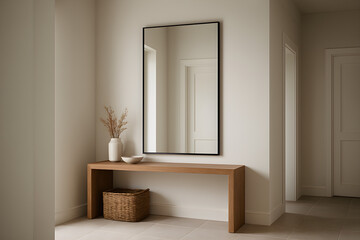 A minimalist and modern hallway interior with a wooden table, large mirror, and decorative elements.