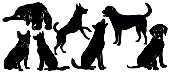 Vector art of a collection of canine silhouettes, isolated on white background, showcases various breeds in playful poses