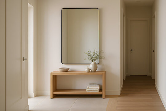Minimalist hallway interior with a large wall mirror, wooden console table, and decor items.