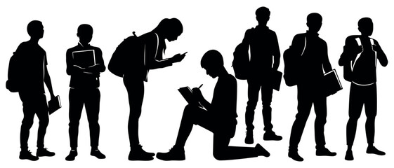 Vector art of silhouetted students, isolated on white background, actively engaged in studying, using technology, and carrying backpacks