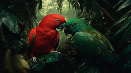 Two vibrant parrots, red and green, face each other amidst lush tropical foliage.
