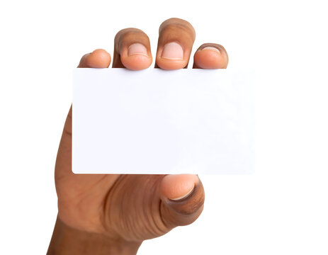 Hand holding blank card presentation isolated