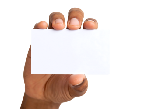 Hand holding blank card presentation isolated