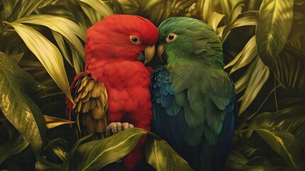 Two parrots, red and green, nestled together amidst lush tropical foliage.