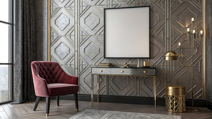 Elegant Interior with Burgundy Armchair and Modern Decor Showcasing a Blank Poster Frame for Personalized Style and Sophisticated Ambiance