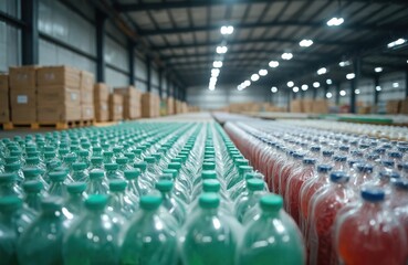 Industrial warehouse filled with plastic bottles of carbonated beverages. Rows of packaged soda, water or beer on pallets. Storage, supply chain, manufacturing, consumerism concept.