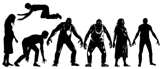 Vector art of a monochrome vector illustration of seven zombies in various poses, isolated on white background