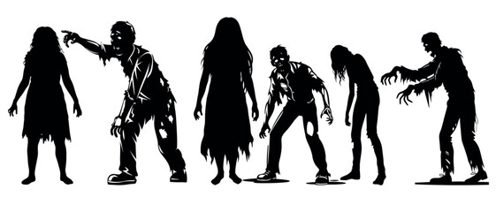 Vector art of five shadowy zombie figures, isolated on white background, in various poses of decay and aggression, a vector illustration