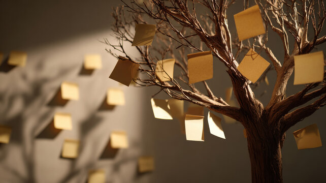 An artistic representation of a tree adorned with numerous notes, with shadows emphasizing its form