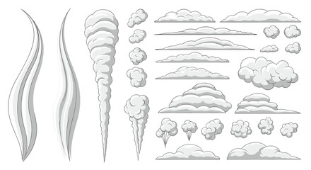 Collection of Vector Illustrations Featuring White Clouds in Various Shapes and Density