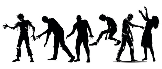 Vector art of silhouetted zombies in various poses, isolated on white background, a vector illustration of undead figures