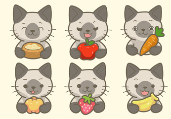 Cute Gray Cat with Fruits and Vegetables - Vector Set