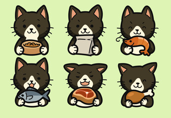 Cute Black Cat Holding Various Foods - Vector Illustration Set