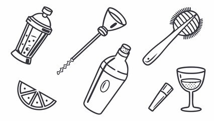 Cocktail bar tools and ingredients line art set. Sketch illustration of shaker, bottle, glass, lemon, muddler, stirrer, jigger. Drink icons.