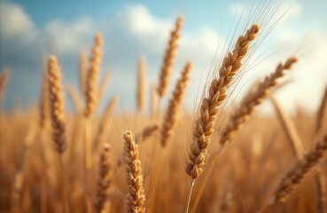 Fototapeta premium Close-up view of ripe wheat stems against blue sky background. Golden wheat field during sunny day. Agriculture, farming concept. Cereals, food, harvest, autumn season time. Wheat ears details.
