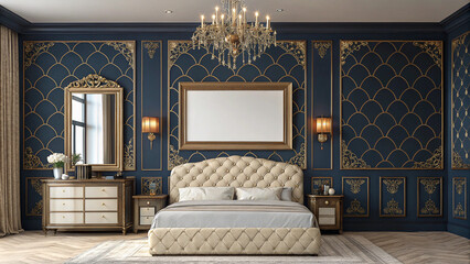 Elegant Bedroom Oasis with Luxurious Decor and Rich Blue Walls Framed for Your Imagination