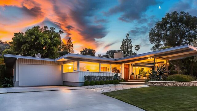 Mid century modern home sunset exterior