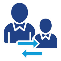 Mentorship Dual Tone Color Fill Silhouette Icon - Two persons with arrows represent mentor-mentee interaction and knowledge transfer in training