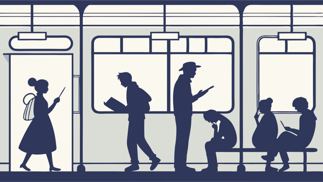 People commuting on train subway public transport daily life flat illustration silhouettes urban travel