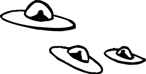 Black and white vector of three stylized UFOs, drawn in thick outlines with a simple hand-drawn look.