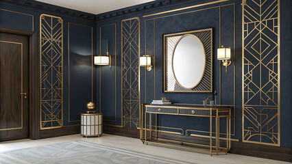 Elegant Interior Design with Gold Accents and Deep Blue Walls Featuring a Blank Poster Frame for Creative Expression