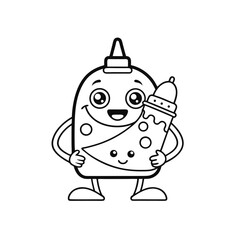 Pizza Hugging Sauce Bottle – Outline Cartoon Illustration