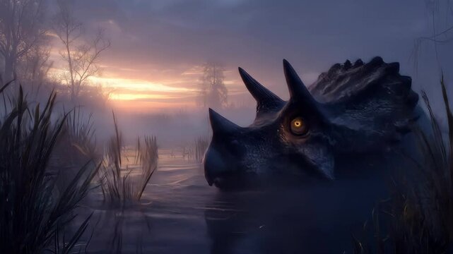 A triceratops watches at dusk Reeds rustle in the foreground A somber atmosphere pervades the misty landscape Ancient nature evokes a sense of prehistoric wonder